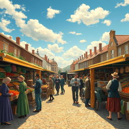 A vibrant and nostalgic scene depicting life in a bustling marketplace from the early 1900s, filled with colorful stalls selling fruits, vegetables, and handmade goods