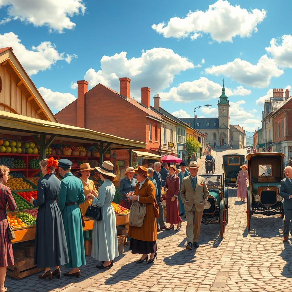 A vibrant and nostalgic scene depicting life in a bustling marketplace from the early 1900s, filled with colorful stalls selling fruits, vegetables, and handmade goods