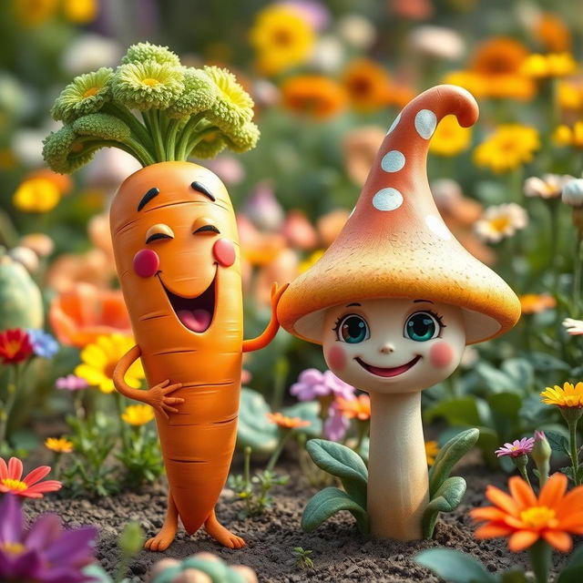 A vibrant and whimsical scene featuring a cheerful, anthropomorphic carrot standing joyfully next to a quirky, smiling mushroom with big eyes