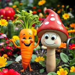 A vibrant and whimsical scene featuring a cheerful, anthropomorphic carrot standing joyfully next to a quirky, smiling mushroom with big eyes