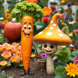 A vibrant and whimsical scene featuring a cheerful, anthropomorphic carrot standing joyfully next to a quirky, smiling mushroom with big eyes