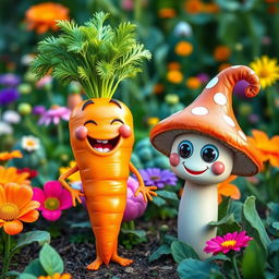 A vibrant and whimsical scene featuring a cheerful, anthropomorphic carrot standing joyfully next to a quirky, smiling mushroom with big eyes