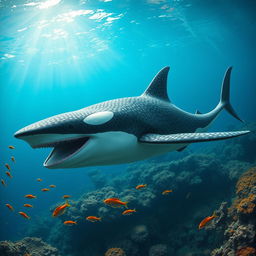 A surreal hybrid creature that combines features of a whale shark and a male orca