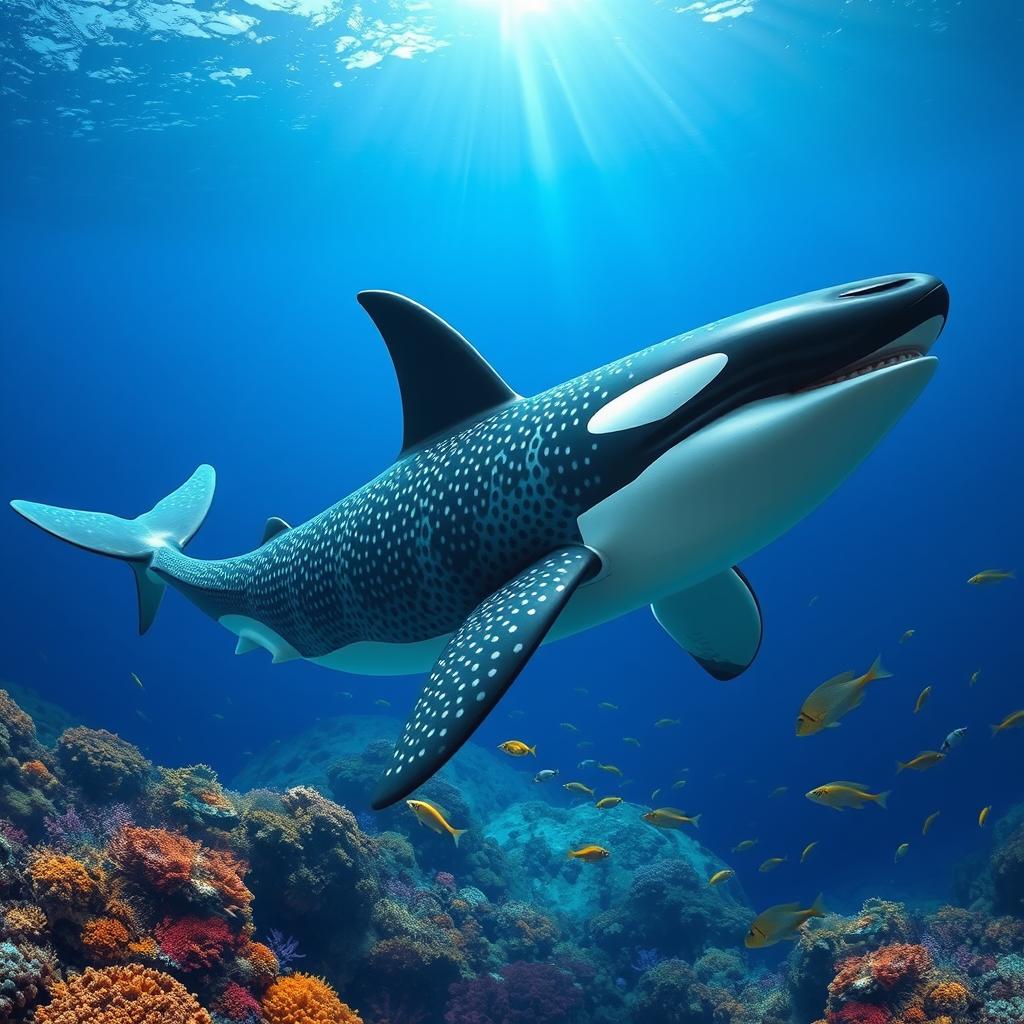 A surreal hybrid creature that combines features of a whale shark and a male orca