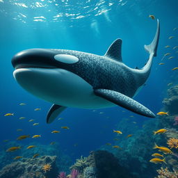 A surreal hybrid creature that combines features of a whale shark and a male orca