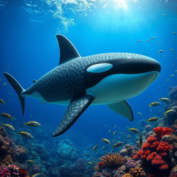 A surreal hybrid creature that combines features of a whale shark and a male orca