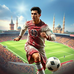 A digital artwork of a famous soccer player inspired by Cristiano Ronaldo, portrayed with typical Iranian features and attire