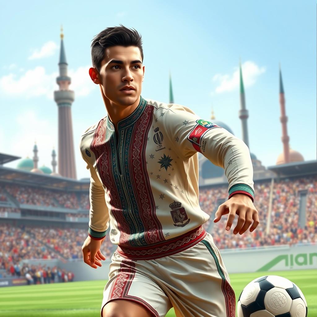 A digital artwork of a famous soccer player inspired by Cristiano Ronaldo, portrayed with typical Iranian features and attire