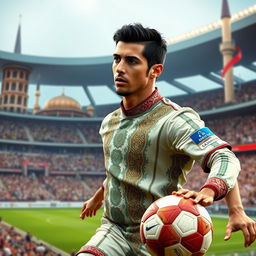 A digital artwork of a famous soccer player inspired by Cristiano Ronaldo, portrayed with typical Iranian features and attire