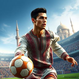 A digital artwork of a famous soccer player inspired by Cristiano Ronaldo, portrayed with typical Iranian features and attire