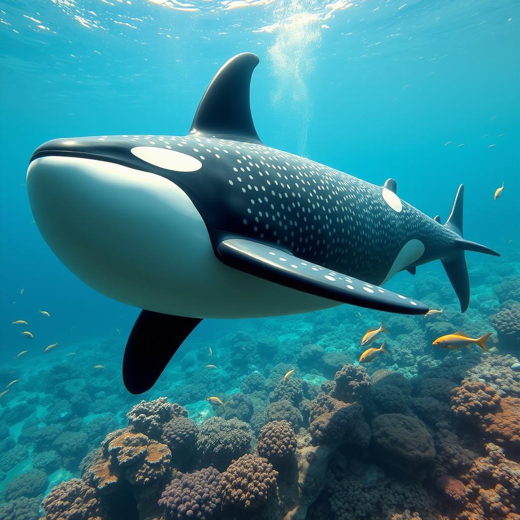 A fantastical hybrid creature that merges the features of a whale shark and a male orca