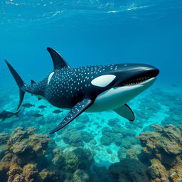 A fantastical hybrid creature that merges the features of a whale shark and a male orca