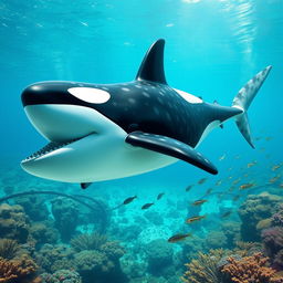 A fantastical hybrid creature that merges the features of a whale shark and a male orca