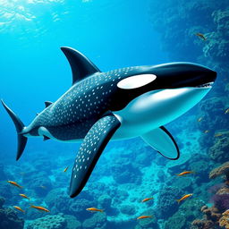 A fantastical hybrid creature that merges the features of a whale shark and a male orca