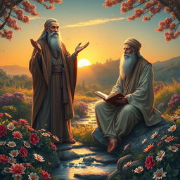 A mystical and serene scene featuring Shams Tabrizi and Rumi (Molana), depicted in a lush garden filled with blooming flowers and gently flowing streams