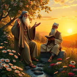 A mystical and serene scene featuring Shams Tabrizi and Rumi (Molana), depicted in a lush garden filled with blooming flowers and gently flowing streams