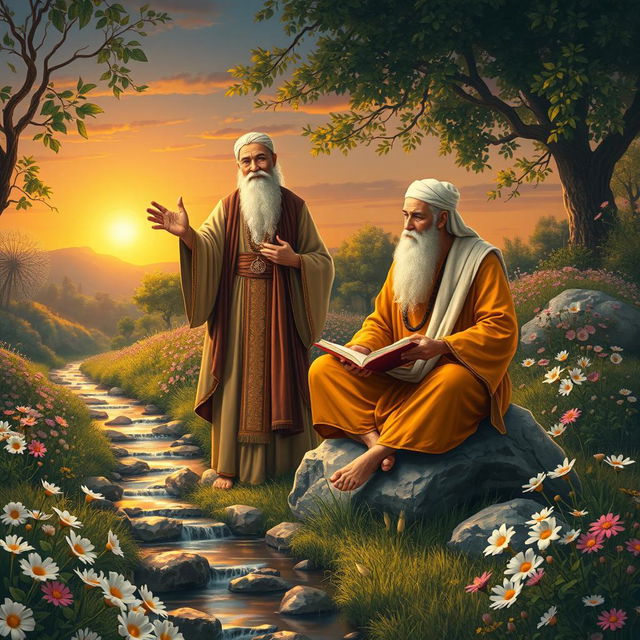 A mystical and serene scene featuring Shams Tabrizi and Rumi (Molana), depicted in a lush garden filled with blooming flowers and gently flowing streams