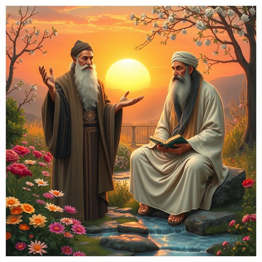 A mystical and serene scene featuring Shams Tabrizi and Rumi (Molana), depicted in a lush garden filled with blooming flowers and gently flowing streams