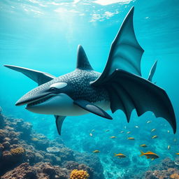A fantastical hybrid creature that seamlessly combines the features of a whale shark, a male orca, and a bat