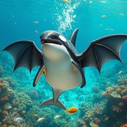 A fantastical hybrid creature that seamlessly combines the features of a whale shark, a male orca, and a bat