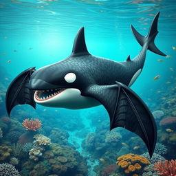 A fantastical hybrid creature that seamlessly combines the features of a whale shark, a male orca, and a bat