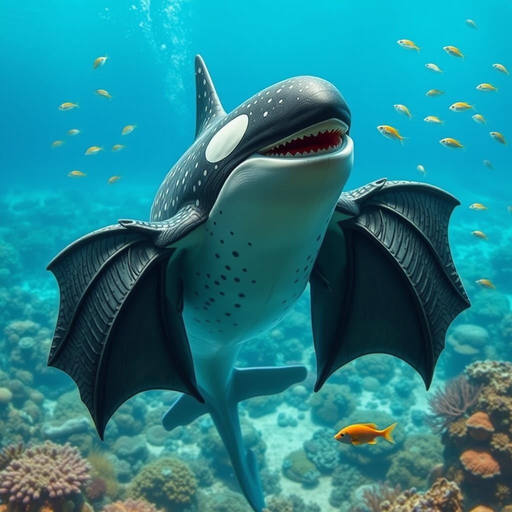 A fantastical hybrid creature that seamlessly combines the features of a whale shark, a male orca, and a bat