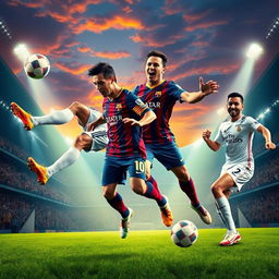A dynamic and vibrant scene featuring a fantastical blending of four iconic soccer players: Cristiano Ronaldo, Lionel Messi, Neymar, and Karim Benzema
