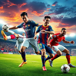 A dynamic and vibrant scene featuring a fantastical blending of four iconic soccer players: Cristiano Ronaldo, Lionel Messi, Neymar, and Karim Benzema