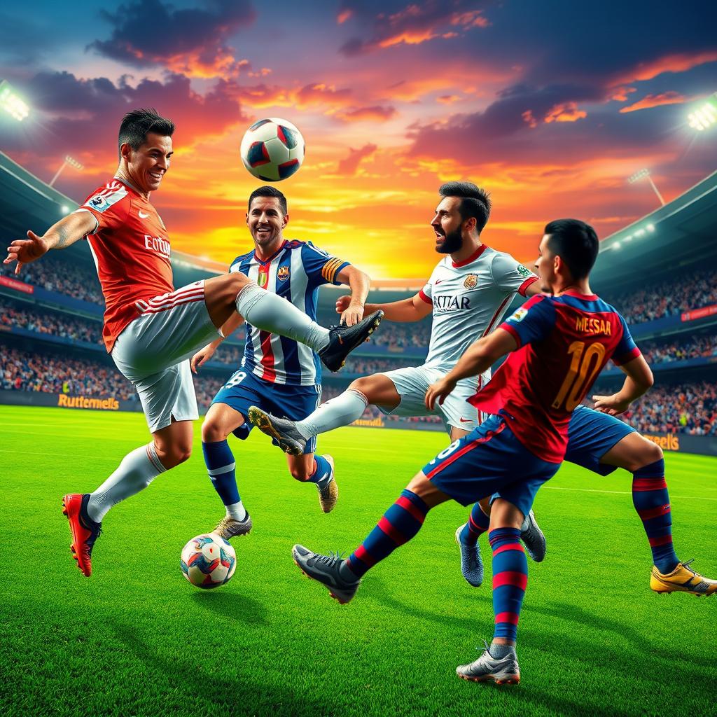 A dynamic and vibrant scene featuring a fantastical blending of four iconic soccer players: Cristiano Ronaldo, Lionel Messi, Neymar, and Karim Benzema