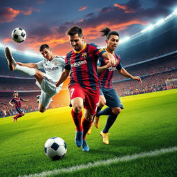 A dynamic and vibrant scene featuring a fantastical blending of four iconic soccer players: Cristiano Ronaldo, Lionel Messi, Neymar, and Karim Benzema