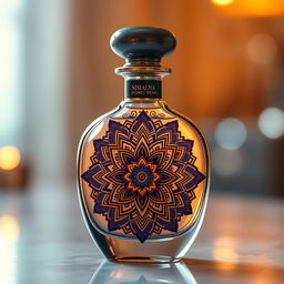 An elegantly designed perfume bottle featuring intricate mandala patterns