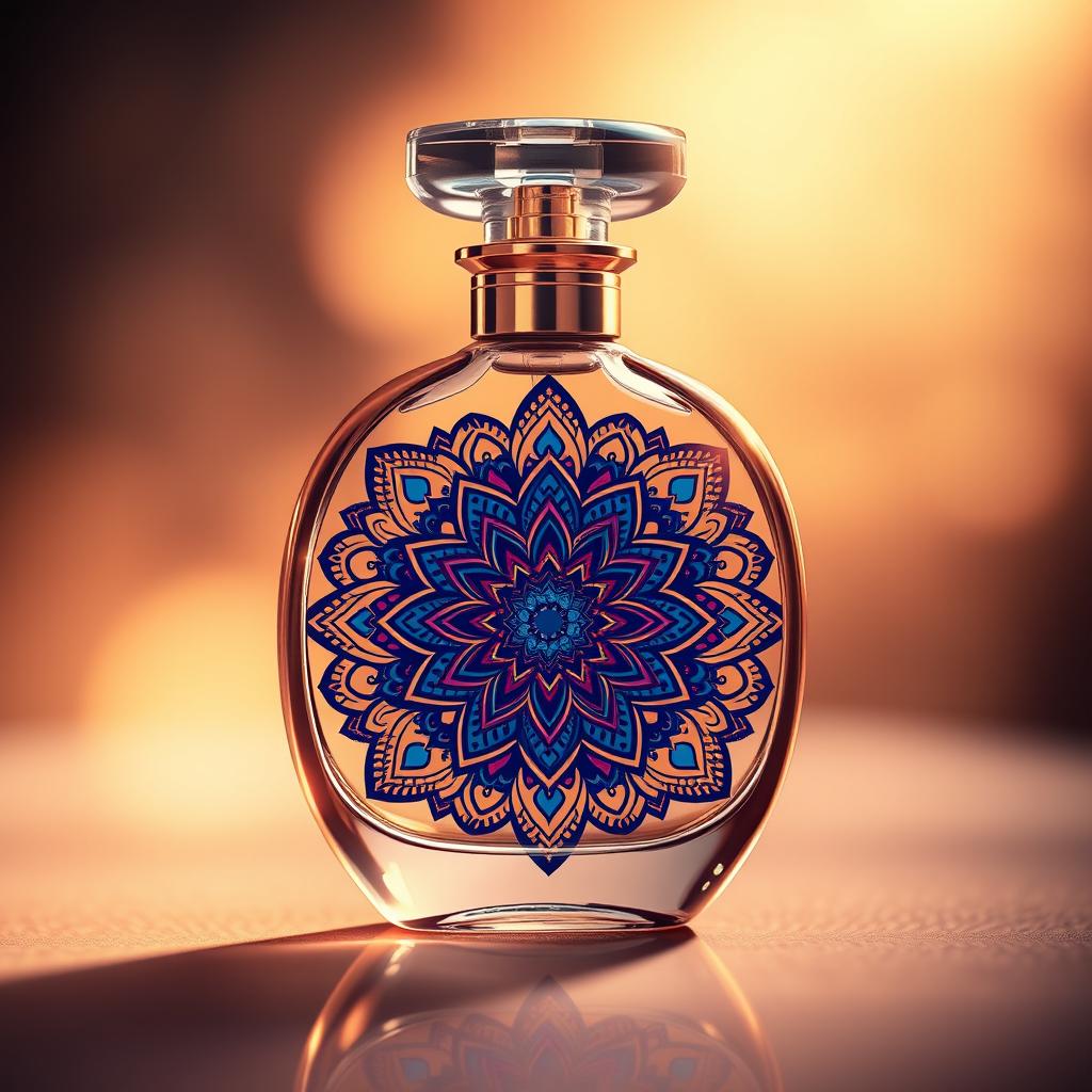 An elegantly designed perfume bottle featuring intricate mandala patterns