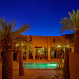 A quaint, rustic hotel nestled in the picturesque Siwa Oasis, surrounded by palm trees and crystal clear springs with a stunning view of the brilliant Saharan night sky.