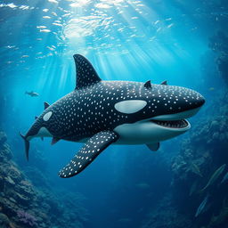 A strikingly mutated hybrid creature that fuses the features of a whale shark and a male orca, presenting an unusual and extraordinary appearance