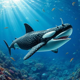 A strikingly mutated hybrid creature that fuses the features of a whale shark and a male orca, presenting an unusual and extraordinary appearance