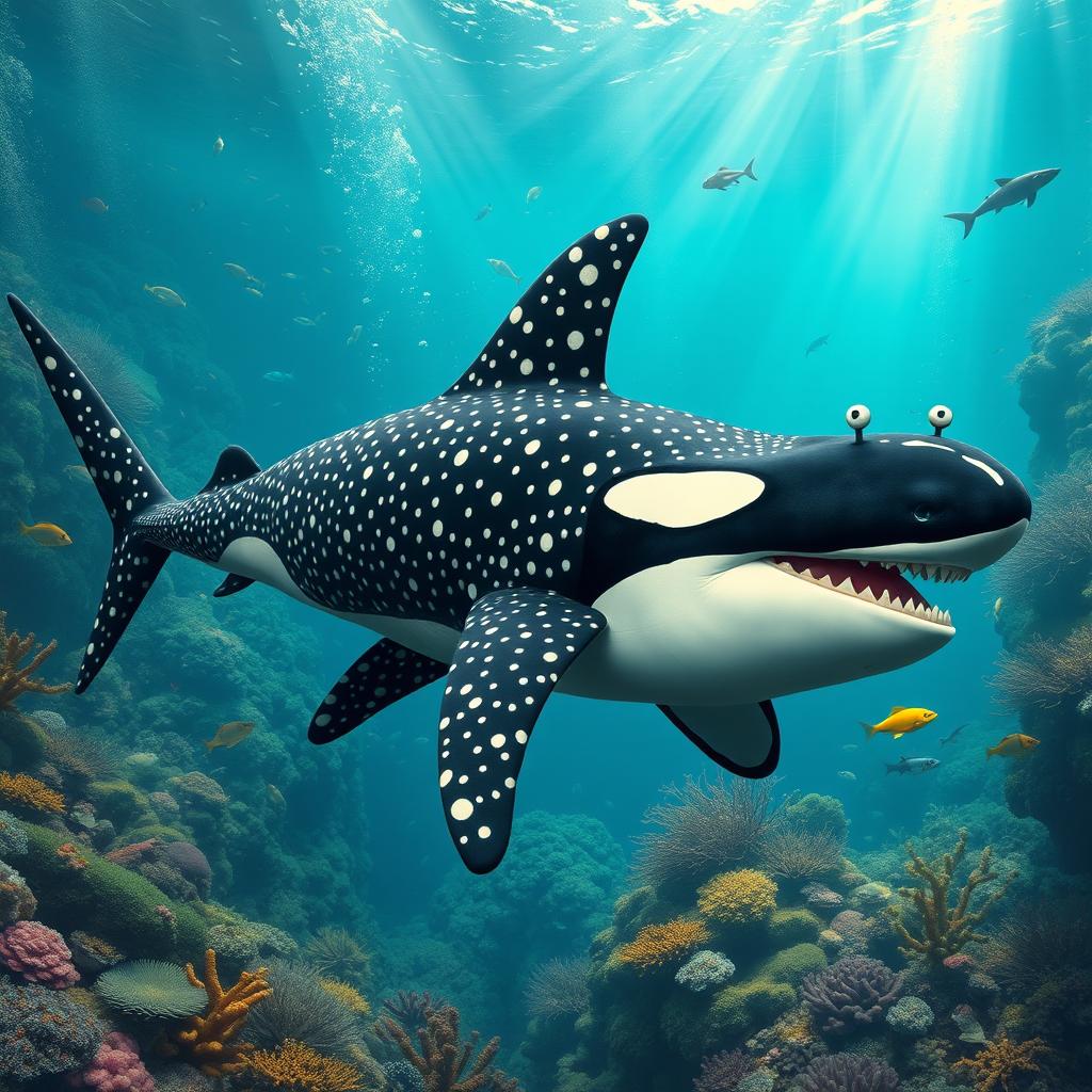 A strikingly mutated hybrid creature that fuses the features of a whale shark and a male orca, presenting an unusual and extraordinary appearance