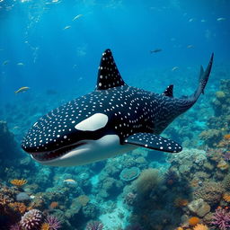 A strikingly mutated hybrid creature that fuses the features of a whale shark and a male orca, presenting an unusual and extraordinary appearance