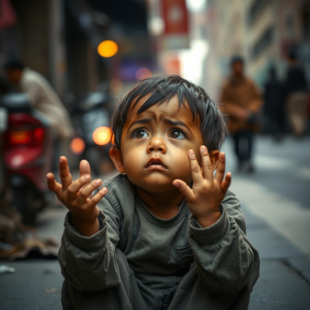 A heartbreaking scene featuring a sad young child sitting on a city street, looking up with tear-filled eyes, their tiny hands outstretched in a begging gesture