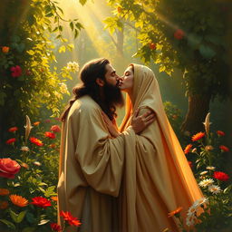 A romantic painting depicting the historic figures Shams and Molana in a tender moment, capturing them gently kissing in a serene garden filled with lush greenery and colorful flowers