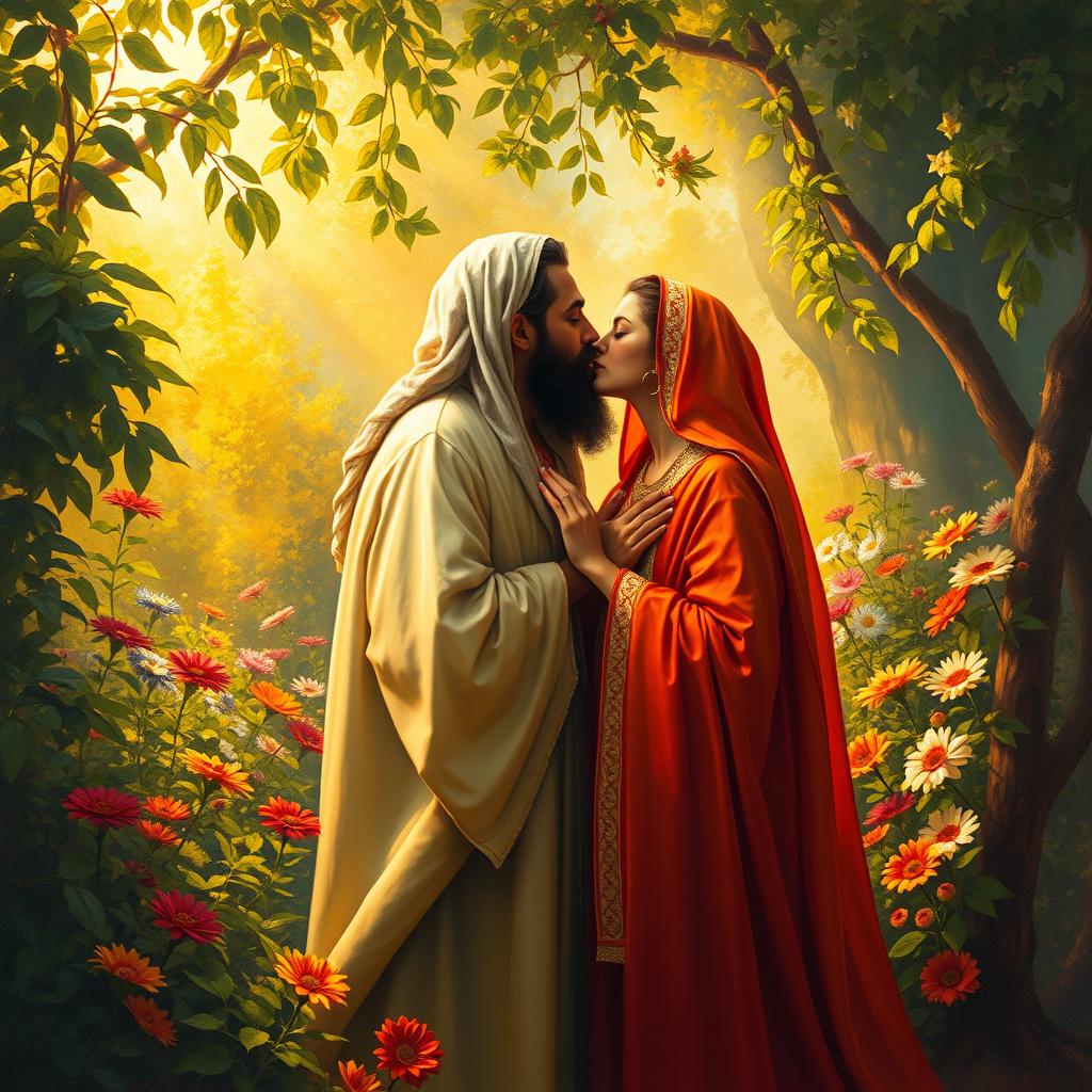 A romantic painting depicting the historic figures Shams and Molana in a tender moment, capturing them gently kissing in a serene garden filled with lush greenery and colorful flowers