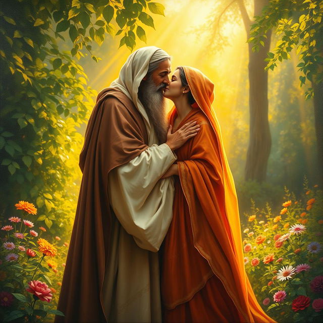 A romantic painting depicting the historic figures Shams and Molana in a tender moment, capturing them gently kissing in a serene garden filled with lush greenery and colorful flowers