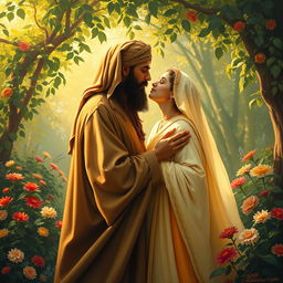 A romantic painting depicting the historic figures Shams and Molana in a tender moment, capturing them gently kissing in a serene garden filled with lush greenery and colorful flowers