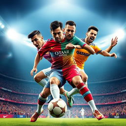 A fantastical scene featuring four iconic football players: Cristiano Ronaldo, Lionel Messi, Neymar, and Karim Benzema, all combined into one dynamic character