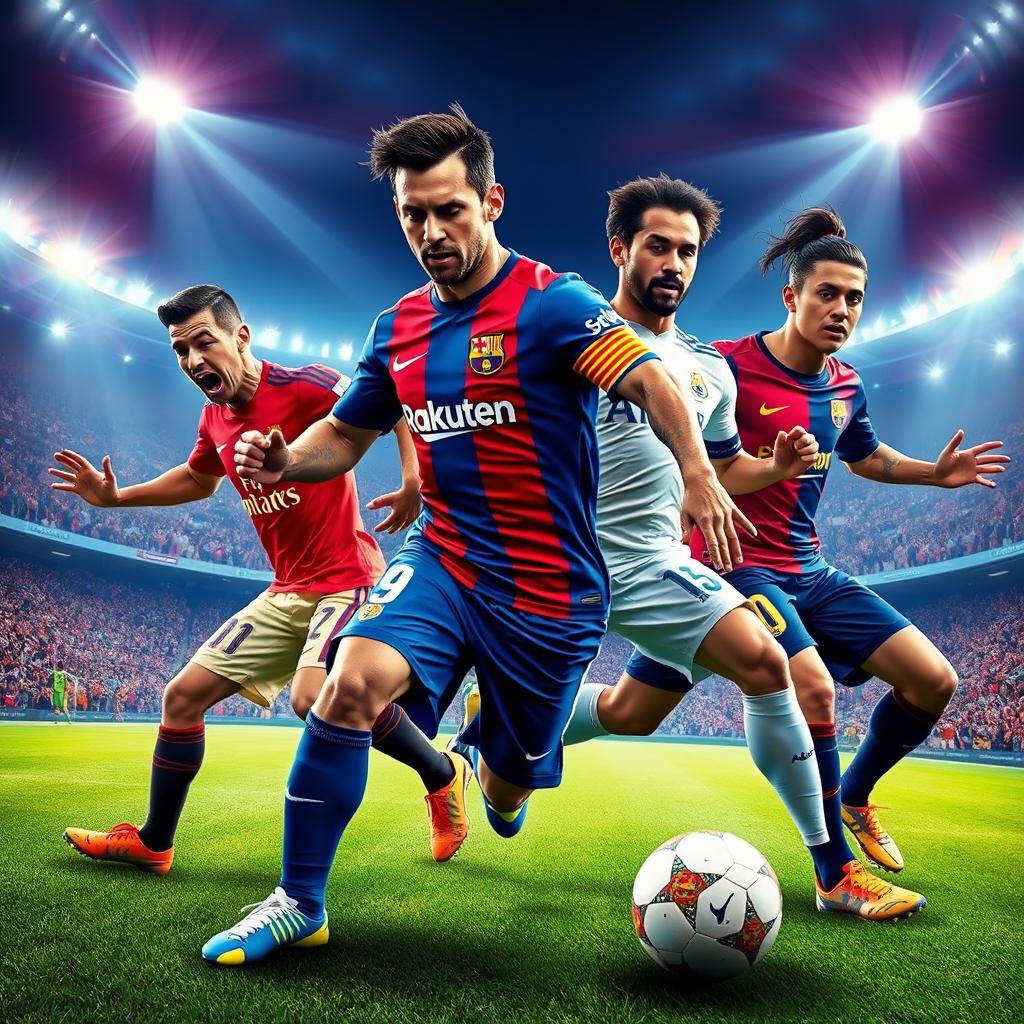 A fantastical scene featuring four iconic football players: Cristiano Ronaldo, Lionel Messi, Neymar, and Karim Benzema, all combined into one dynamic character