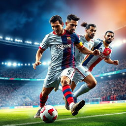 A fantastical scene featuring four iconic football players: Cristiano Ronaldo, Lionel Messi, Neymar, and Karim Benzema, all combined into one dynamic character