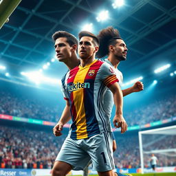 A dynamic and imaginative scene featuring the legendary soccer players Cristiano Ronaldo, Lionel Messi, Neymar, and Karim Benzema merged into a single, extraordinary figure