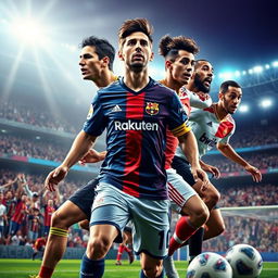 A dynamic and imaginative scene featuring the legendary soccer players Cristiano Ronaldo, Lionel Messi, Neymar, and Karim Benzema merged into a single, extraordinary figure