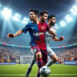 A dynamic and imaginative scene featuring the legendary soccer players Cristiano Ronaldo, Lionel Messi, Neymar, and Karim Benzema merged into a single, extraordinary figure