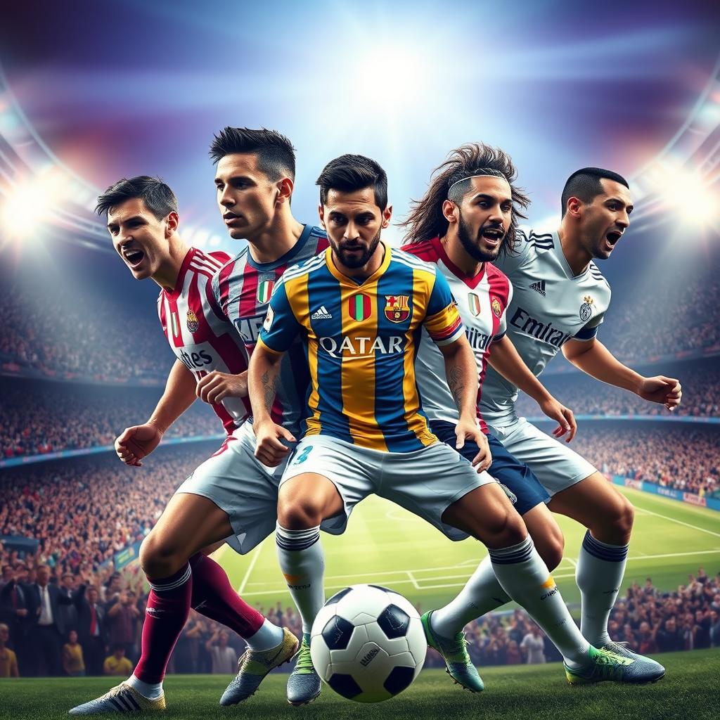 A dynamic and imaginative scene featuring the legendary soccer players Cristiano Ronaldo, Lionel Messi, Neymar, and Karim Benzema merged into a single, extraordinary figure