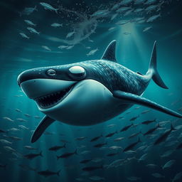 An intimidating and wild hybrid creature that fuses the features of a whale shark and a male orca